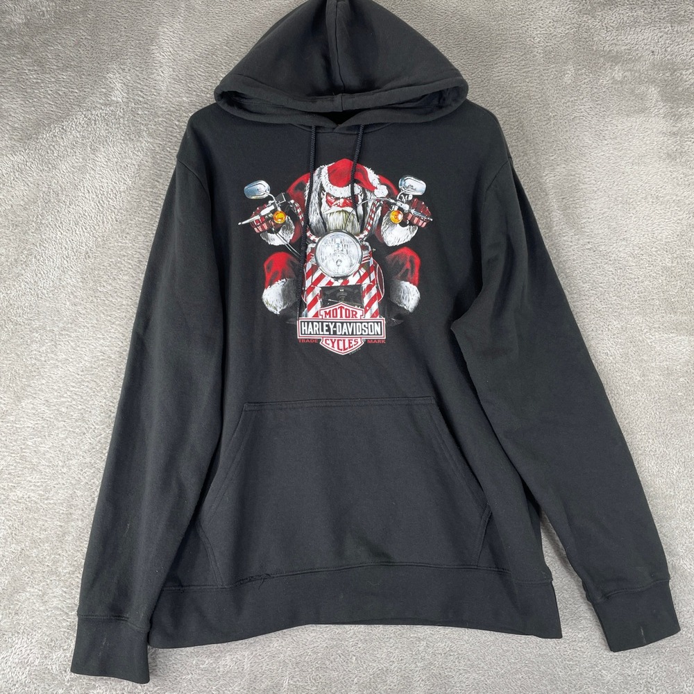 Harley Davidson Hoodie Mens Large Black Santa Claus Madison Wisconsin Biker
